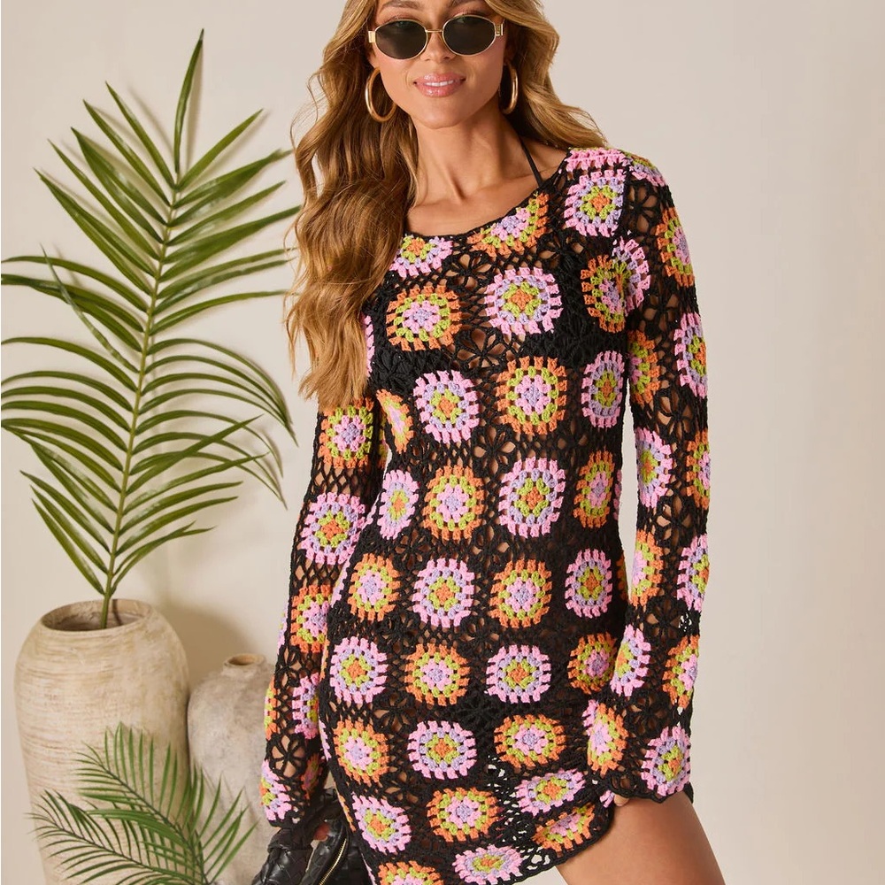 Vici Black Multicolor Crochet Swim Coverup